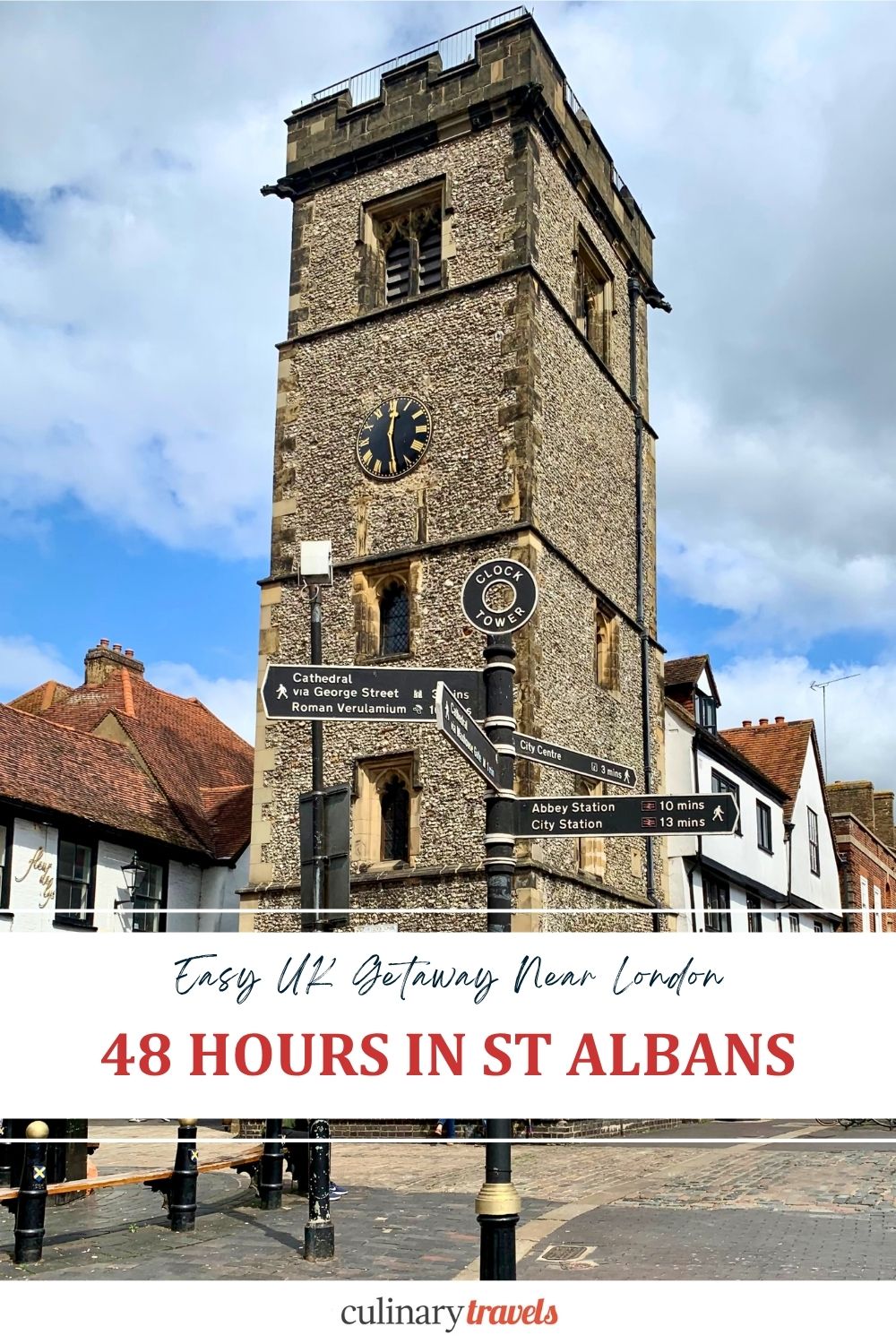 Pinterest graphic for 48 hours in St Albans, featuring the Clock Tower and text promoting an easy UK getaway near London.